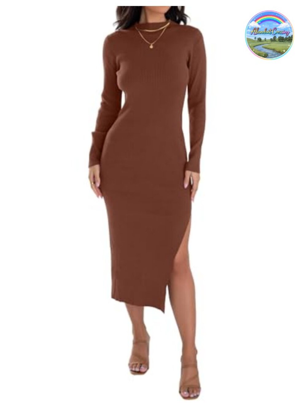 Knit Bodycon Sweater Dress Long Sleeve Mock Neck Slit Midi